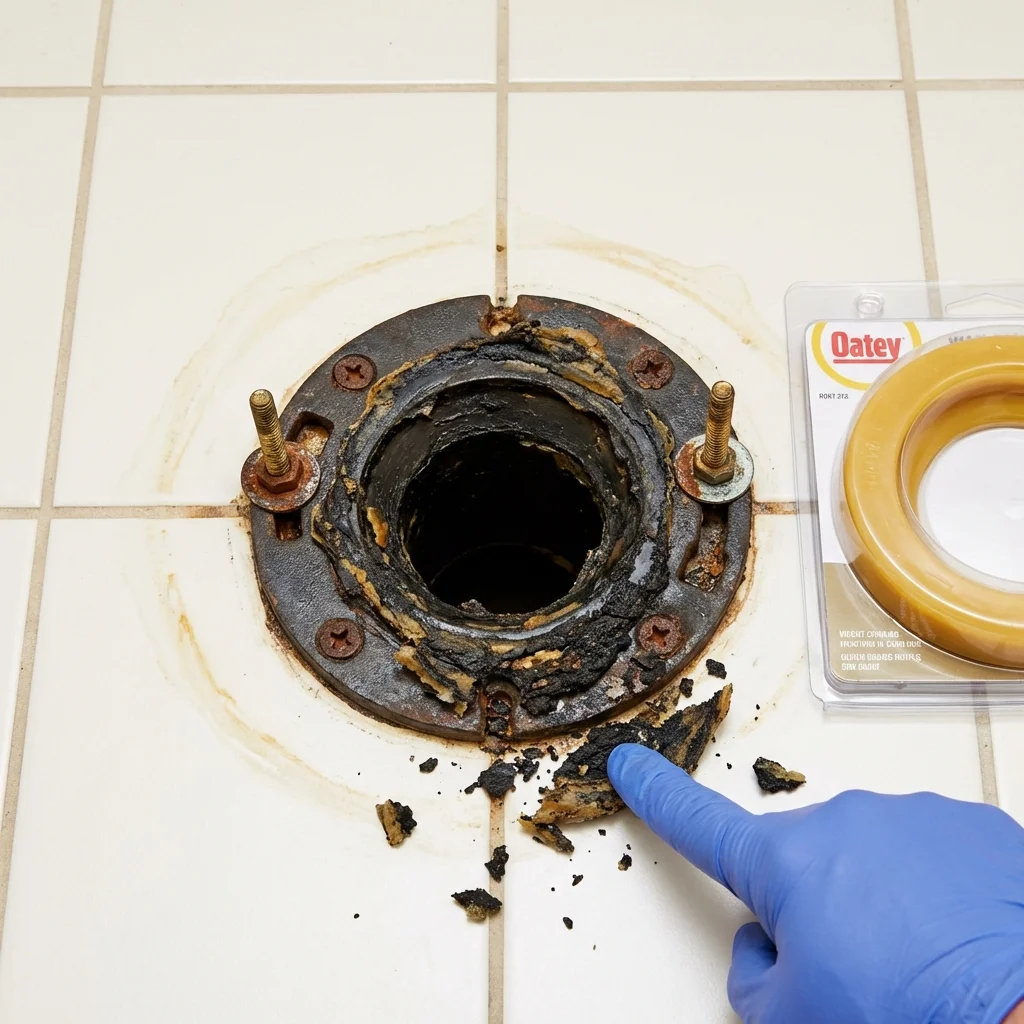 Failed wax ring showing water seepage at the base of a toilet in a Verona, NJ home