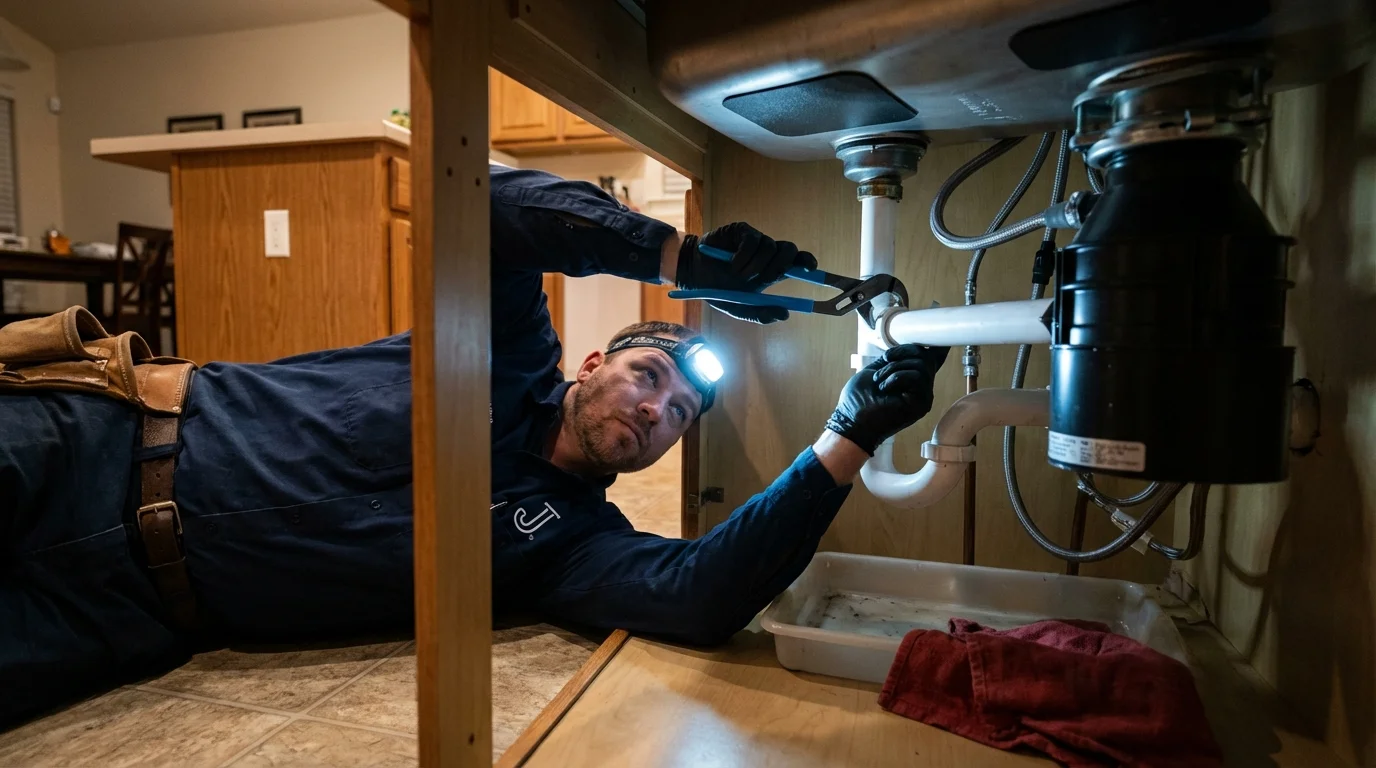 P-trap and supply line connections under a kitchen sink showing a common leak point in Verona, NJ